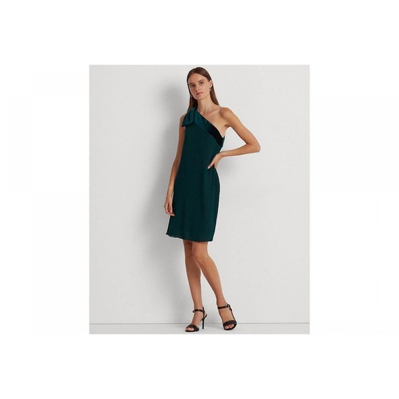NWT Lauren Ralph Lauren Womens Chiffon One-Shoulder Dress 253808477006 2 Green - Picture 1 of 1